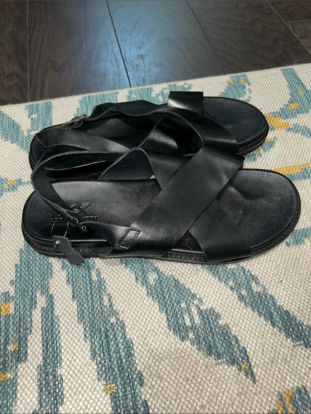 Men's Black Leather Crisscross Sandals with  Adjustable Ankle Strap